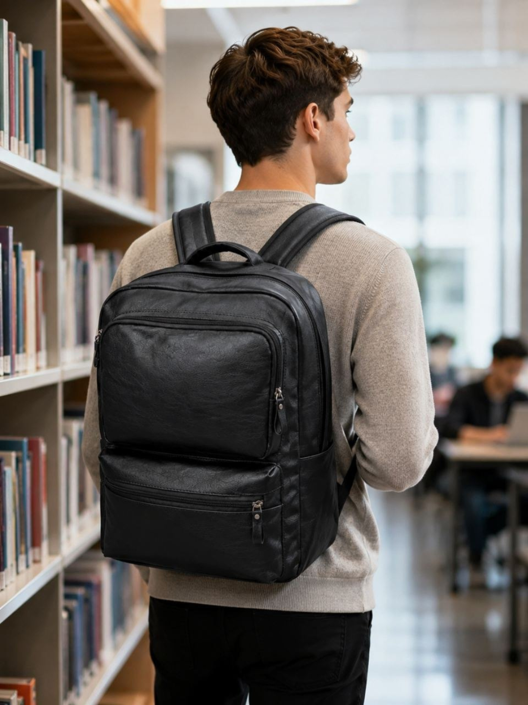 Maktab va universitet uchun qora premium ryukzak, GoPack zamonaviy mustahkam charm sumka