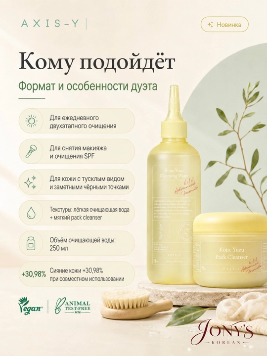 AXIS-Y Kojic Yuzu — Набор для очищения лица: мицеллярная вода 250 мл + маска-пенка 60 г