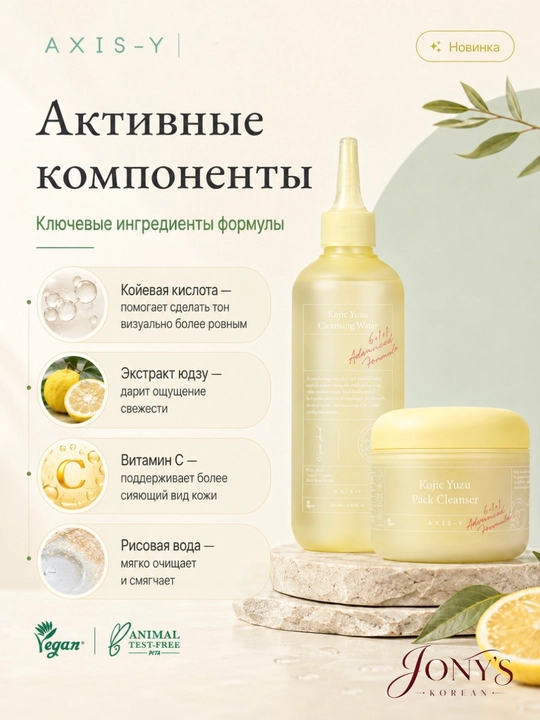 AXIS-Y Kojic Yuzu — Набор для очищения лица: мицеллярная вода 250 мл + маска-пенка 60 г