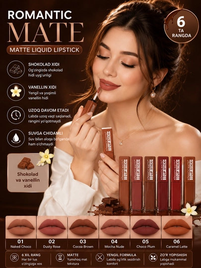 LIP STICK pomada 6xil rang lab uchun mat va yaltiroq effektli uzoq saqlanadi - 