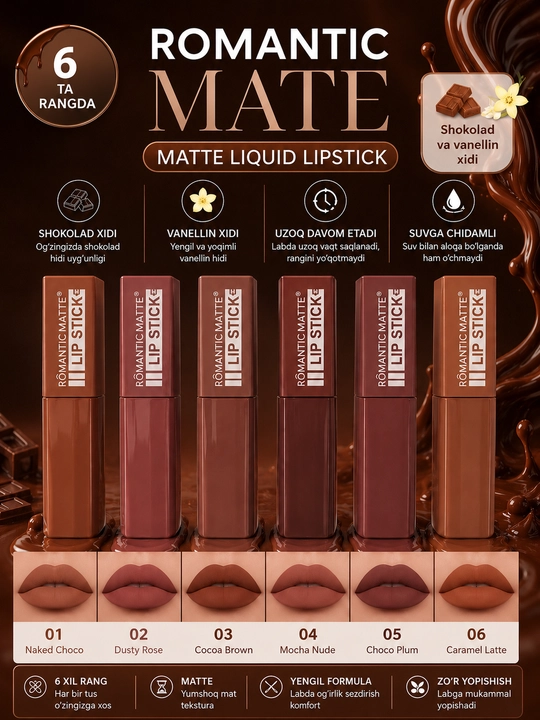LIP STICK pomada 6xil rang lab uchun mat va yaltiroq effektli uzoq saqlanadi