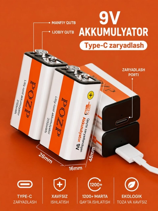 9V 3150mAh Type-C quvvatlanuvchi litiy-ionli akkumulyator batariyasi