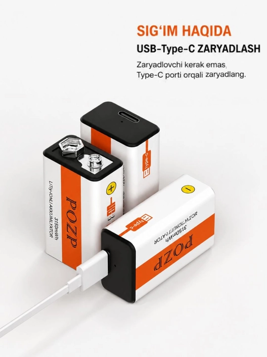 9V 3150mAh Type-C quvvatlanuvchi litiy-ionli akkumulyator batariyasi