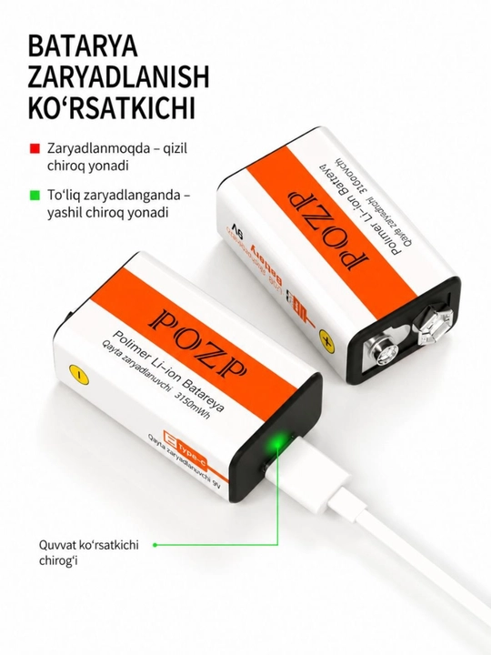 9V 3150mAh Type-C quvvatlanuvchi litiy-ionli akkumulyator batariyasi