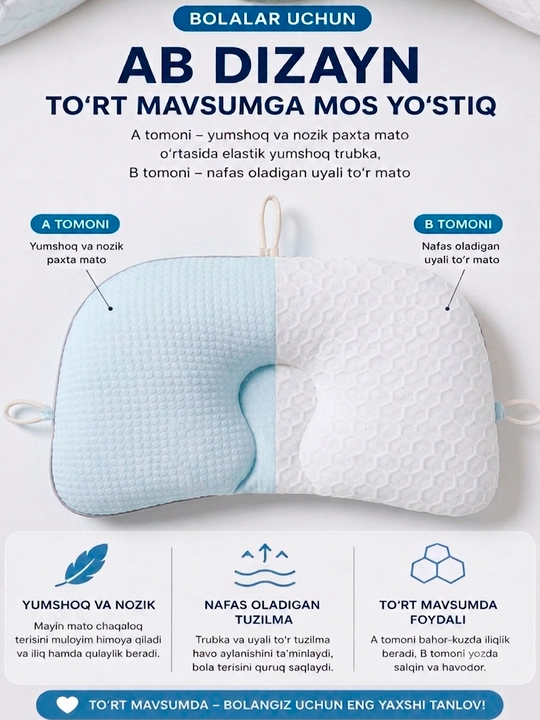 0-3 yoshli chaqaloqlar uchun ortopedik yostiq, boshni shakllantiruvchi, ikki tomonlama