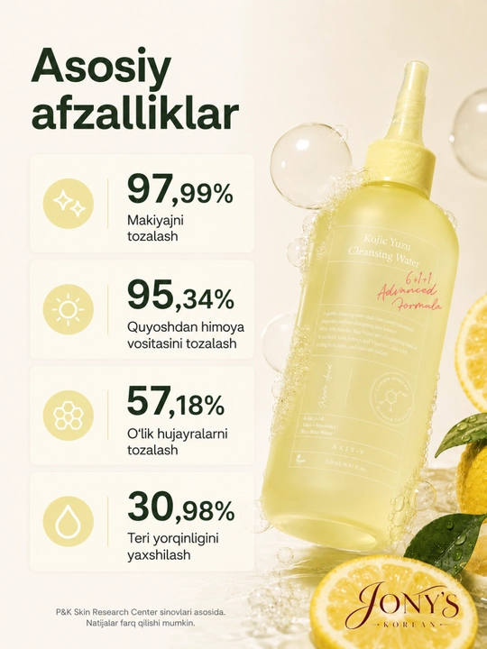 AXIS-Y Kojic Yuzu — Мицеллярная очищающая вода с койевой кислотой, юдзу и рисовой водой
