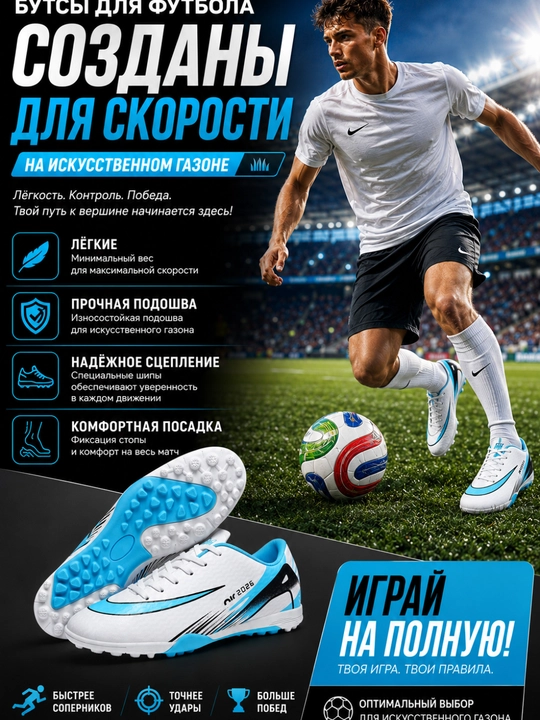 Футбольные бутсы, сороконожки TF, для футбола, на искусственный газон - 