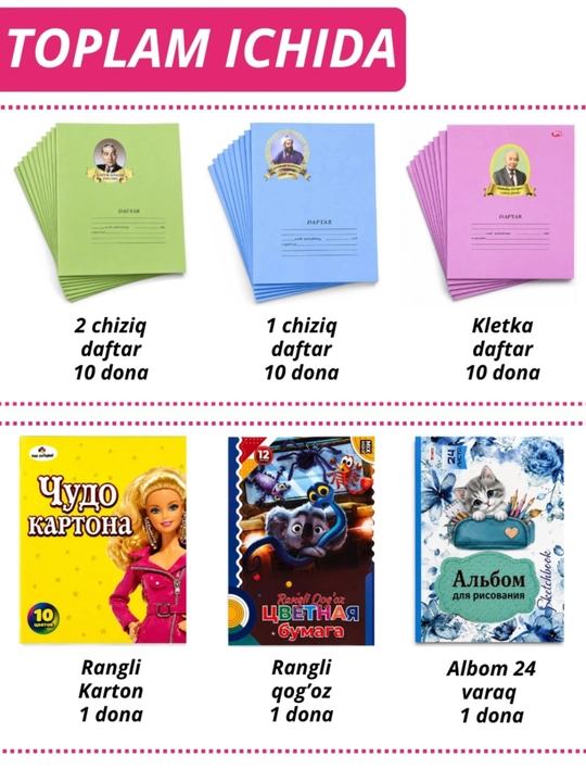 Maktab uchun toʻplam maktab buyumlari 145 mahsulot 1-4 sinf uchun