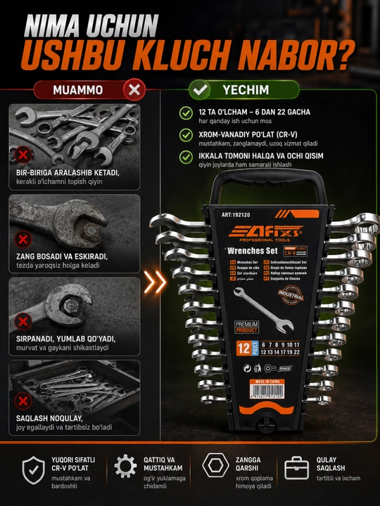 Kluch nabor 6–22 mm, 12 dona CR-V kombinatsiyali kalitlar to'plami, galofka ishlari uchun