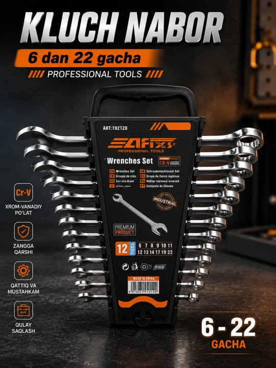 Kluch nabor 6–22 mm, 12 dona CR-V kombinatsiyali kalitlar to'plami, galofka ishlari uchun - 