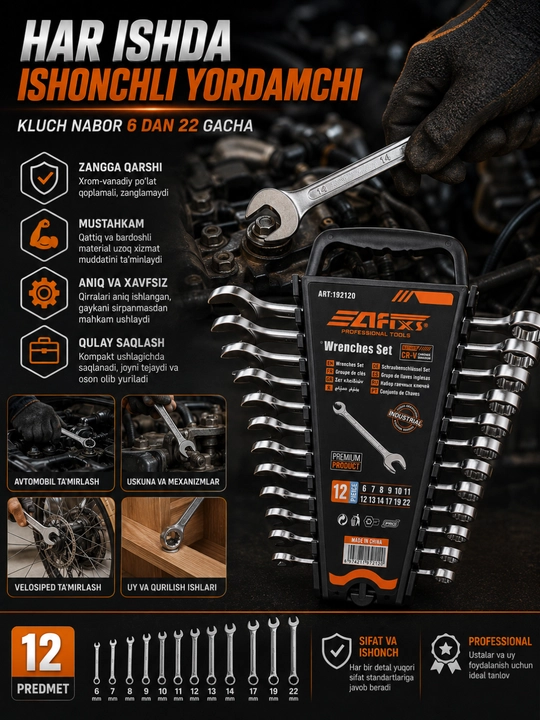 Kluch nabor 6–22 mm, 12 dona CR-V kombinatsiyali kalitlar to'plami, galofka ishlari uchun