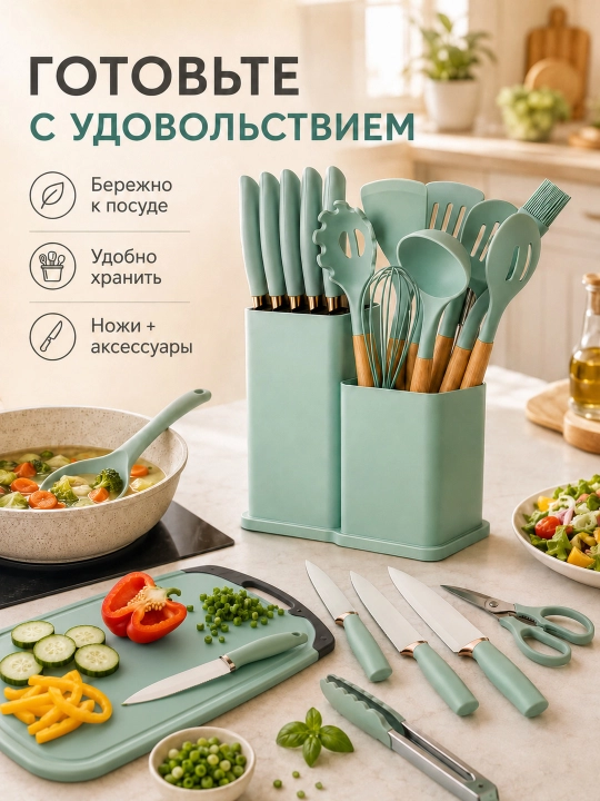 Набор кухонных принадлежностей, 19 предметов, силиконовые лопатки, ложки и ножи