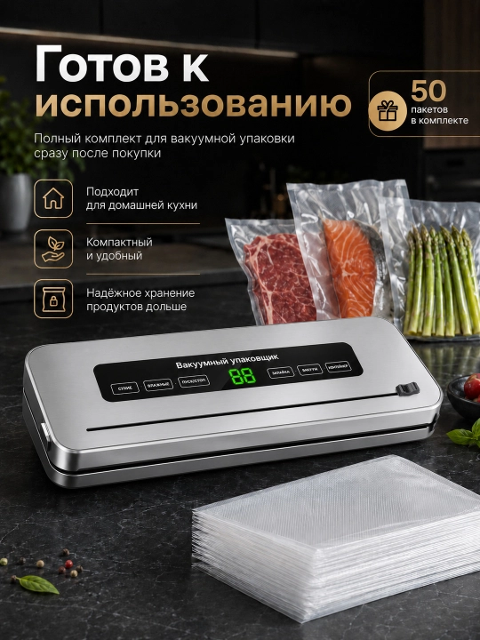 Вакууматор для продуктов, вакуумный упаковщик, 50 пакетов в комплекте