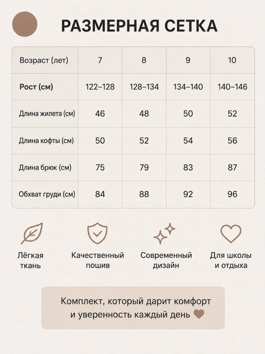 Qizlar uchun 3 qismli sport kostyum, nimcha, kofta va keng shim, 7–10 yosh
