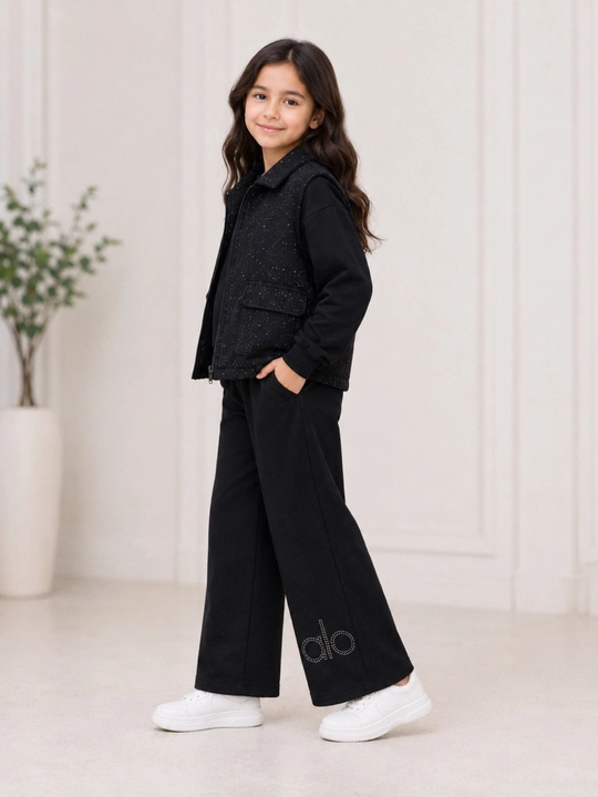 Qizlar uchun 3 qismli sport kostyum, nimcha, kofta va keng shim, 7–10 yosh