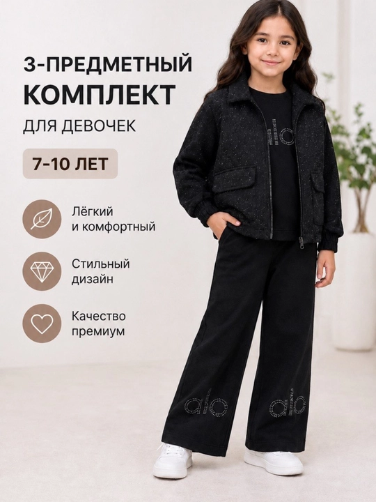 Qizlar uchun 3 qismli sport kostyum, nimcha, kofta va keng shim, 7–10 yosh - 