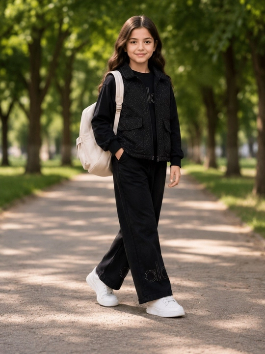 Qizlar uchun 3 qismli sport kostyum, nimcha, kofta va keng shim, 7–10 yosh
