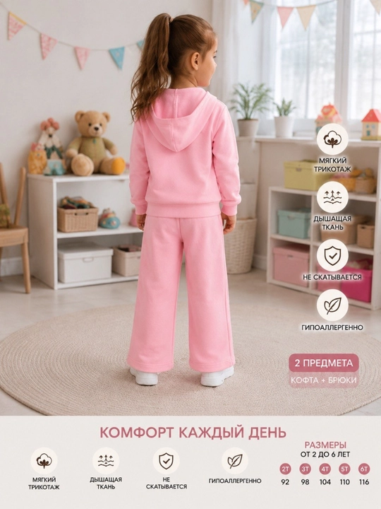 Qizlar uchun sport kostyumi ikkilik, kapyushonli kofta va keng shim, 2–7 yosh