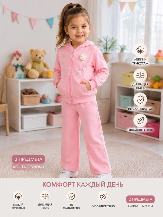Qizlar uchun sport kostyumi ikkilik, kapyushonli kofta va keng shim, 2–7 yosh - 