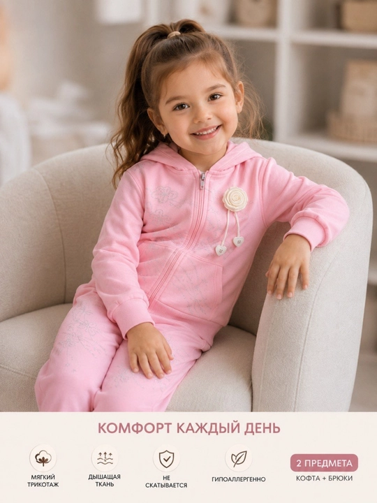 Qizlar uchun sport kostyumi ikkilik, kapyushonli kofta va keng shim, 2–7 yosh