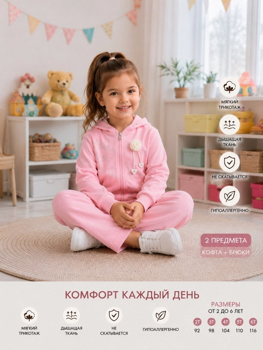 Qizlar uchun sport kostyumi ikkilik, kapyushonli kofta va keng shim, 2–7 yosh