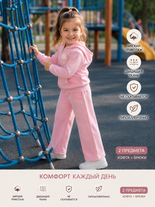 Qizlar uchun sport kostyumi ikkilik, kapyushonli kofta va keng shim, 2–7 yosh