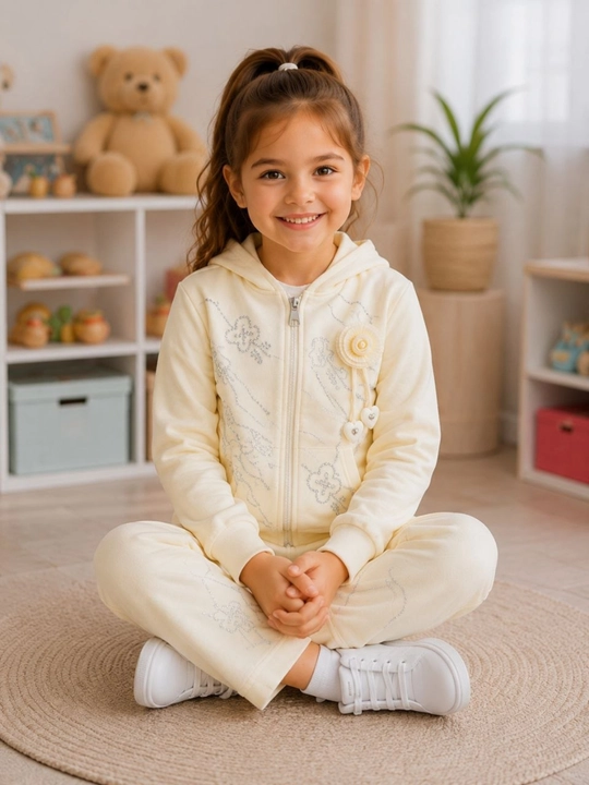 Qizlar uchun sport kostyumi ikkilik, kapyushonli kofta va keng shim, 2–7 yosh