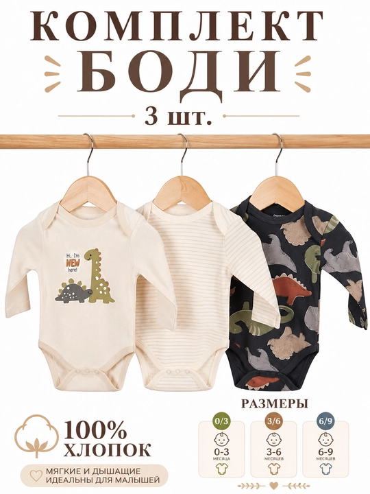 Yangi tug‘ilgan chaqaloqlar uchun, 3 dona, bodi to‘plami - 