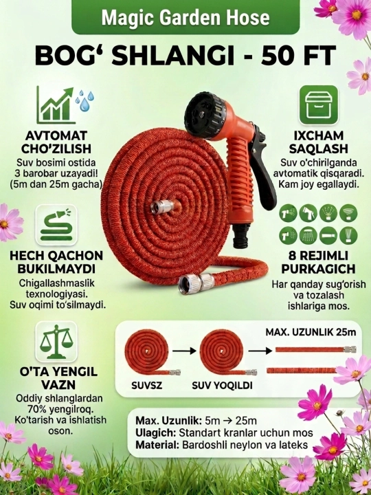 Sug'orish shlangi Magic Hose 50FT, 5-25 metr, avtomatik kengayuvchi - 