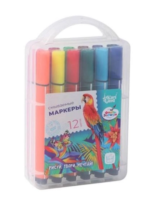 12 rangli flomasterlar to‘plami plastik qutida chizish va ijod uchun