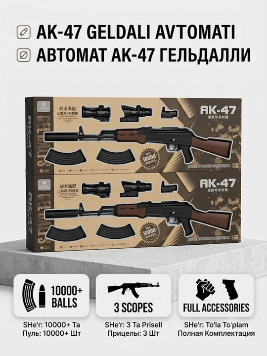 AK 47 Avtomat o'yinchoq Geldali avtomat, 10000 ta o'q bonus