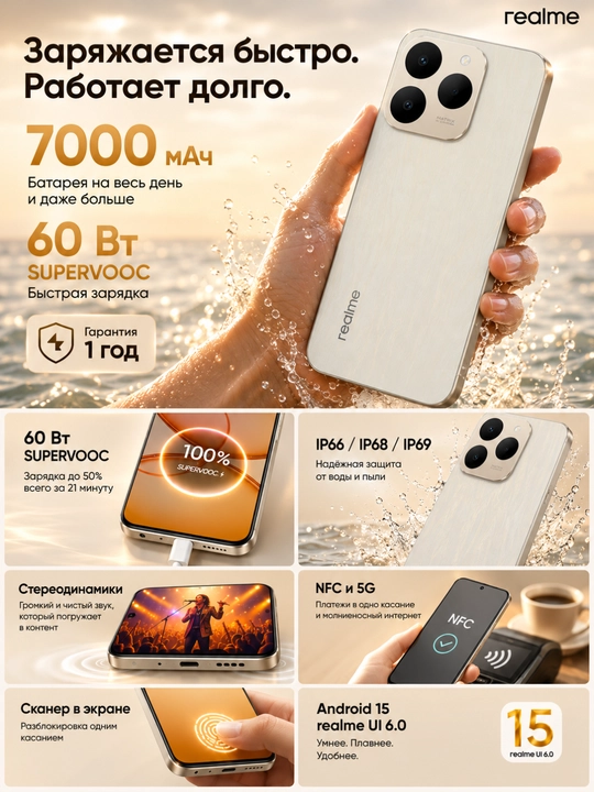 Смартфон Realme 15T 5G, AMOLED 120 Гц, 7000 мАч, 50 МП, NFC