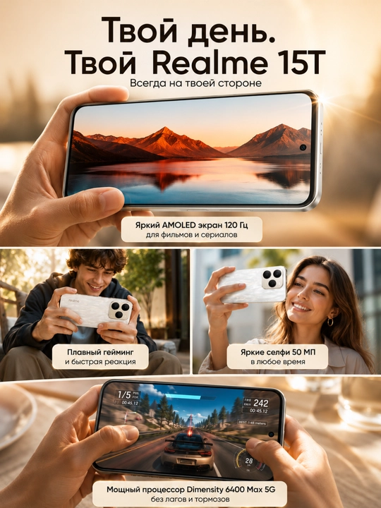 Смартфон Realme 15T 5G, AMOLED 120 Гц, 7000 мАч, 50 МП, NFC