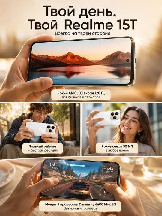 Смартфон Realme 15T 5G, AMOLED 120 Гц, 7000 мАч, 50 МП, NFC