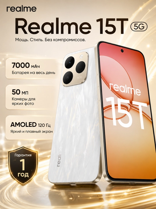 Смартфон Realme 15T 5G, AMOLED 120 Гц, 7000 мАч, 50 МП, NFC