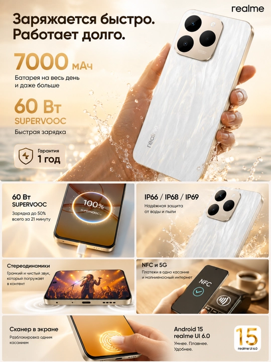 Smartfon Realme 15T 5G, AMOLED 120 Gts, 7000 mA·soat, 50 MP, NFC