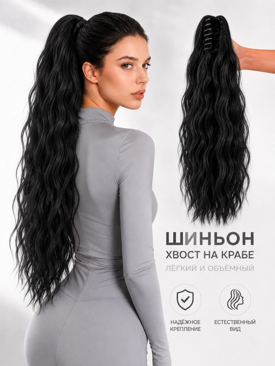 Шиньон, длинный, волнистый, искусственный хвост - 