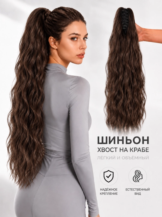 Шиньон, длинный, волнистый, искусственный хвост - 