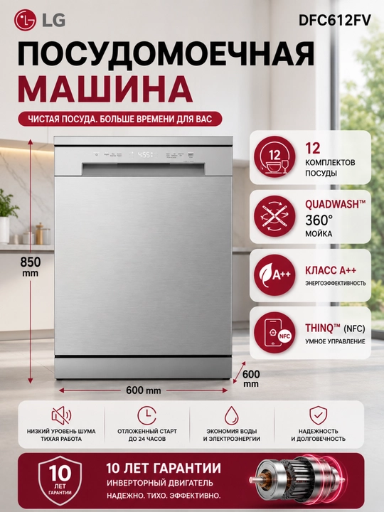 Idish yuvish mashinasi LG DFB512FP, DFC612FV, DFB512FW, 14 komplekt - 