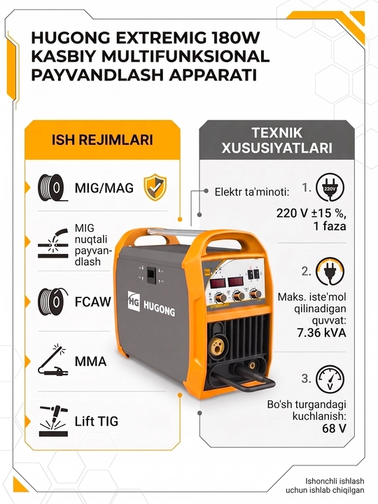 Payvandlash yarimavtomati 3 tasi 1 da HUGONG EXTREMIG 180W III