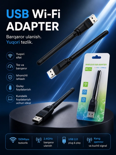 USB Wi-Fi Adapter | 150 Mbps | 2.4 GHz Simsiz Tarmoq Qabul Qilgich | USB 2.0 Plug & Play - 