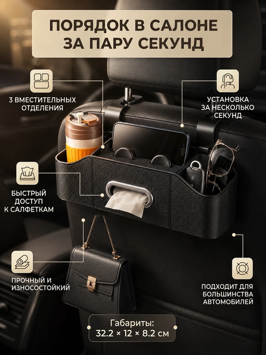 Telefon ushlagichi va salfetka qutisi bilan avtomobil o‘rindig‘i orqasiga organayzer - 