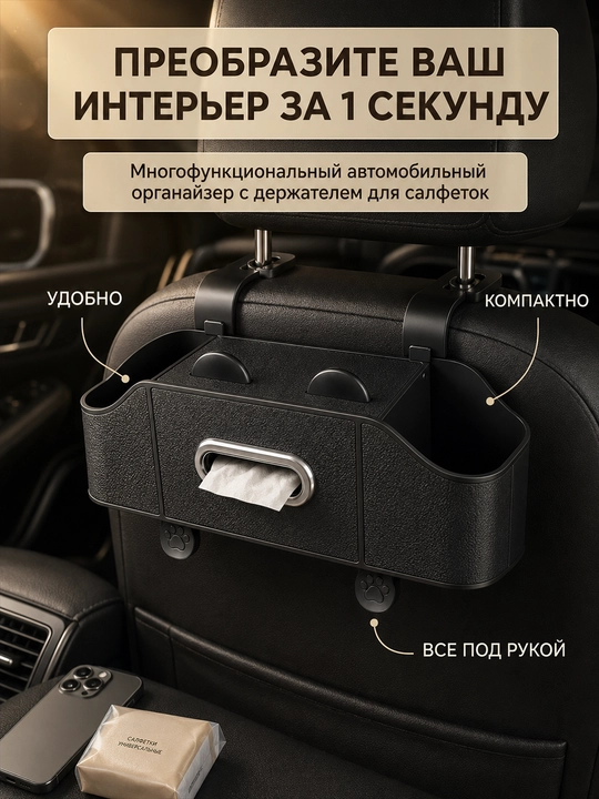 Telefon ushlagichi va salfetka qutisi bilan avtomobil o‘rindig‘i orqasiga organayzer