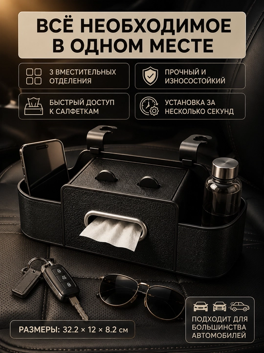 Telefon ushlagichi va salfetka qutisi bilan avtomobil o‘rindig‘i orqasiga organayzer