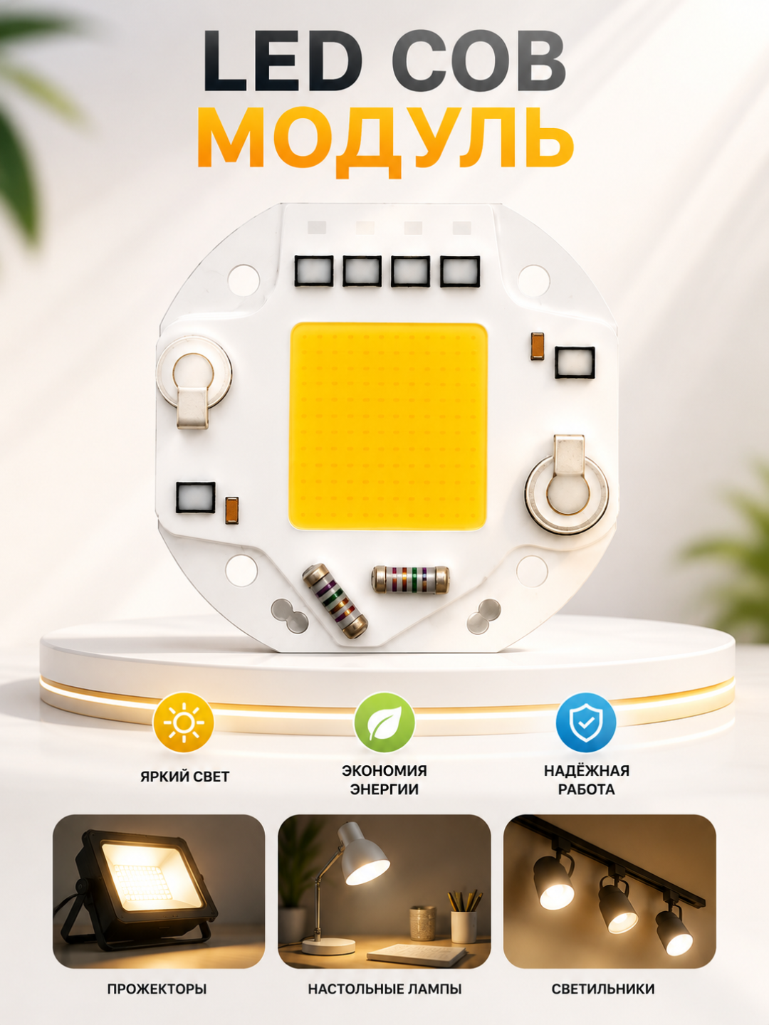 Plata LED COB 220V, 55 mm, chiroq va projektorlar uchun yorug‘lik moduli - 