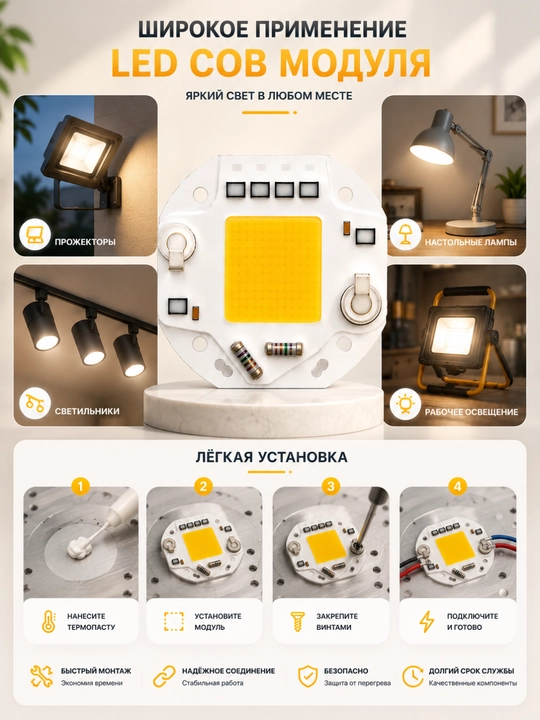 Plata LED COB 220V, 55 mm, chiroq va projektorlar uchun yorug‘lik moduli