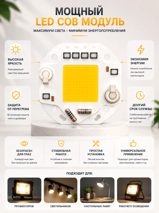 Plata LED COB 220V, 55 mm, chiroq va projektorlar uchun yorug‘lik moduli