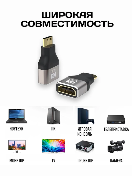 HDMI, Mini HDMI va Micro HDMI adapteri, HDMI 2.1, 8K UHD, HDR, 48 Gbit/s gacha