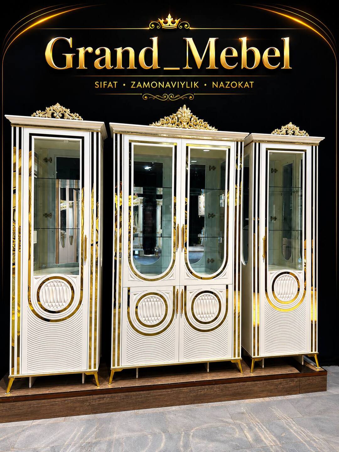 Grand_Mebel — классический комплект Тройка для гостиной, бело-золотой, 310×210 см - 