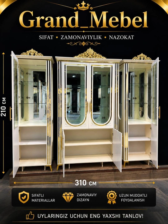 Grand_Mebel klassik mehmonxona uchun troyka to‘plami, oq-oltin rang, 310×210 sm
